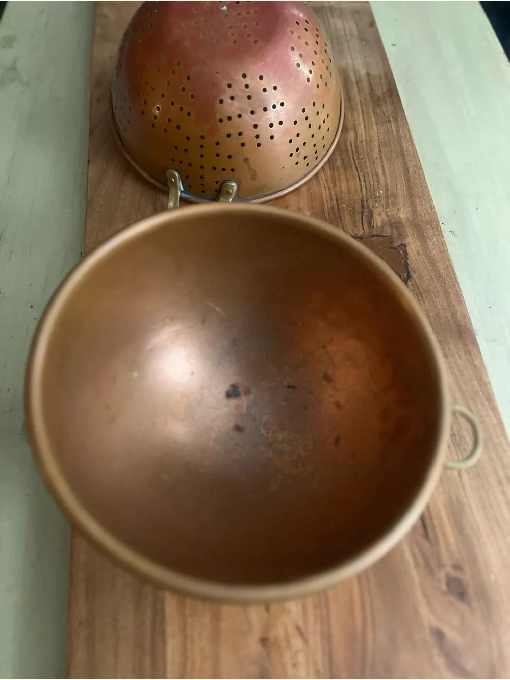 Vintage Copper-Tone Skimmer and Mixing Bowl Set with Wooden Handle